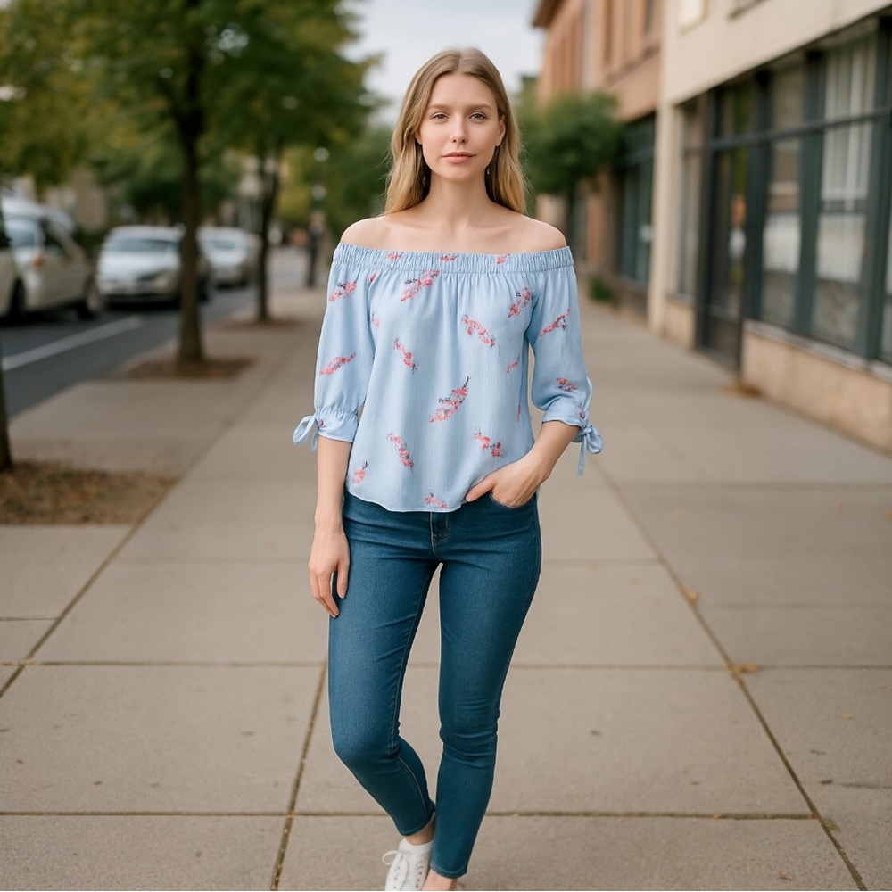 Stitchfix OLIVE & OAK Evanine Off Shoulder Knit Top M Blue Floral